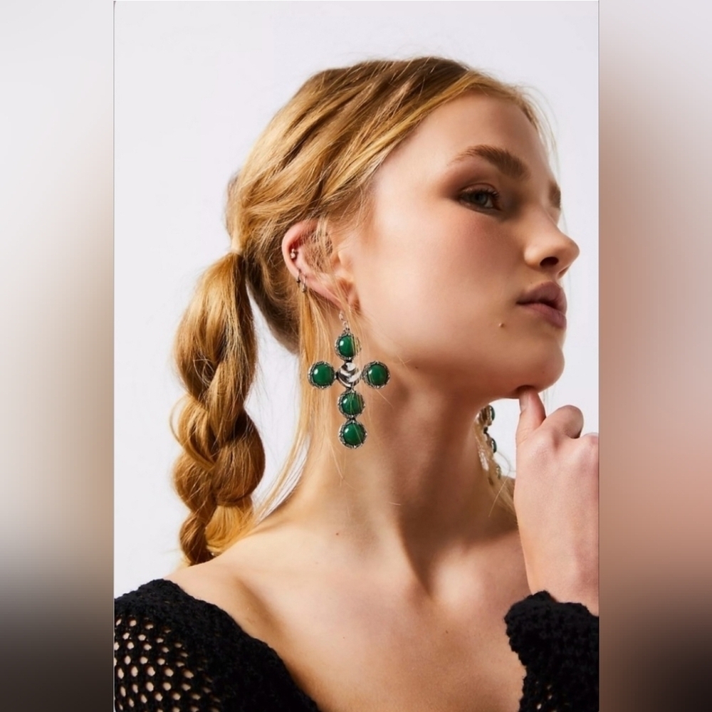 NWOT! Free People, Time ls On My Side Dangles, Silver/Jade Tone,$38!